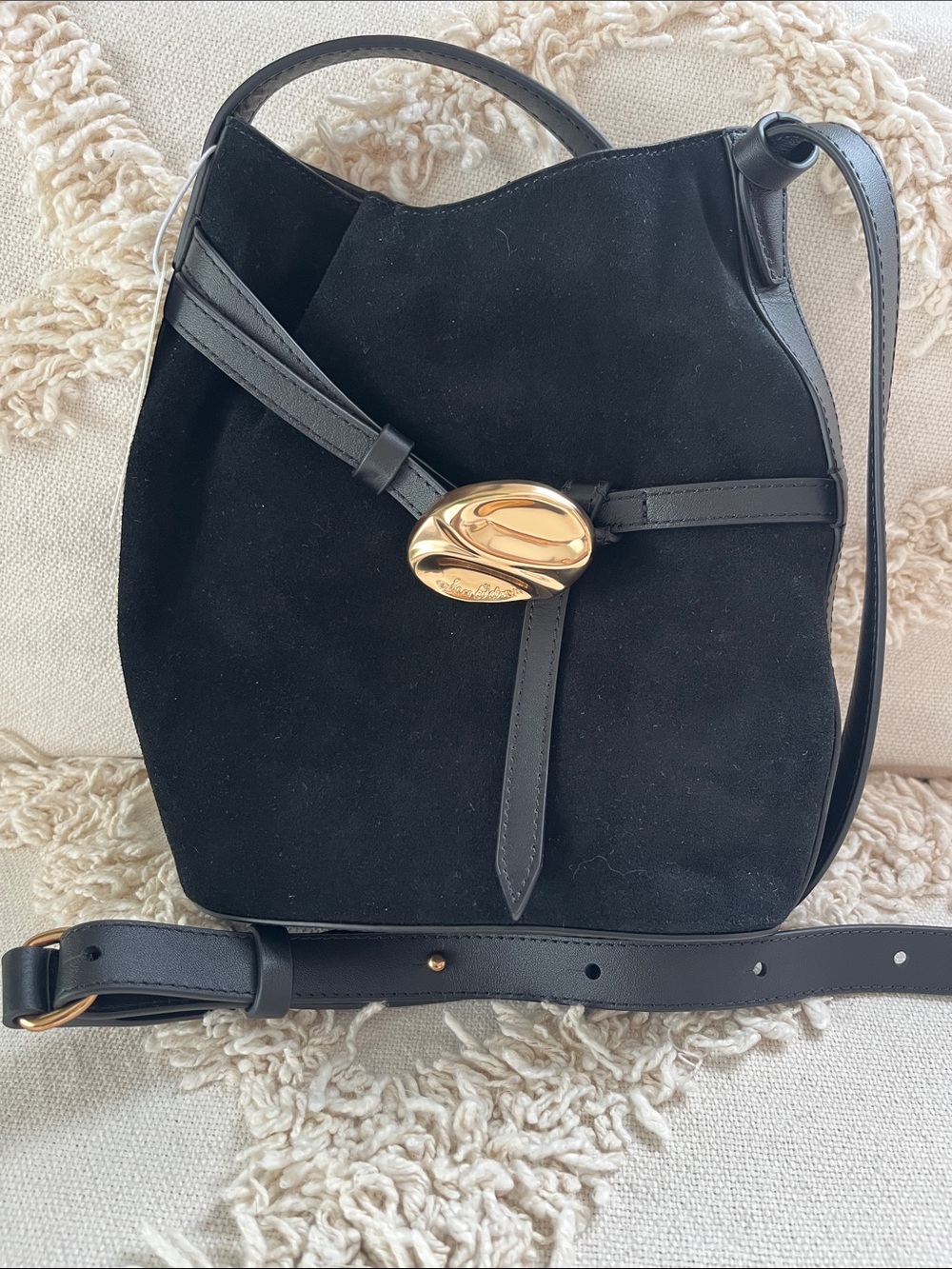 NWT Sam Edelman Black Bex bucket Suede Crossbody Bag with Gold Accent